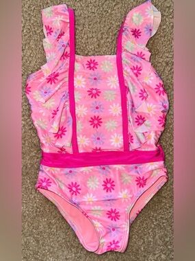 Girls' Pink Floral Ruffle One-Piece Swimsuit
